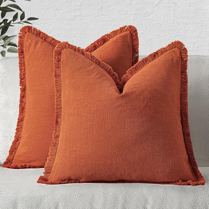 MIULEE Fall Decorative Throw Pillow Covers Neutral Linen Fringe Throw Pillows Set of 2 Burnt Orange Boho Farmhouse Cushion Covers with Tassels for Couch Sofa Bed Living Room Home Decor 16x16 Inch