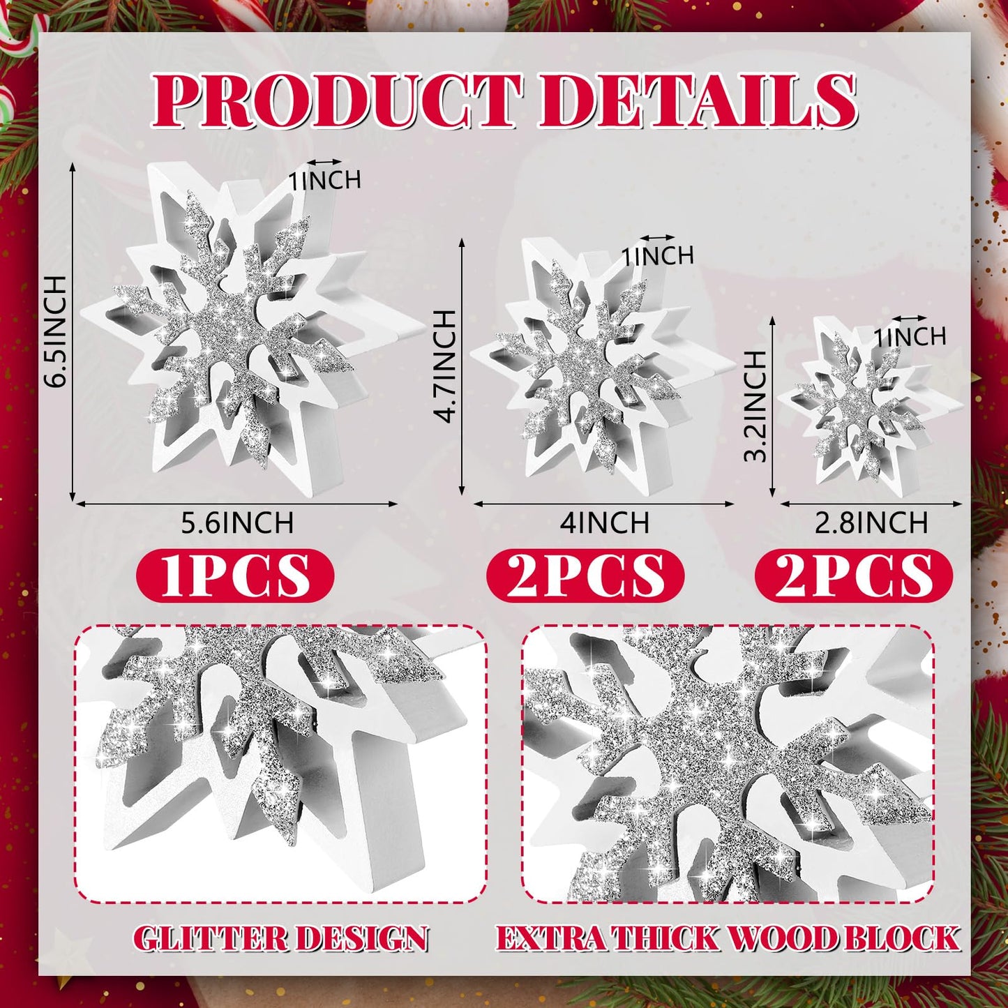 Suzile 5 Pcs Large Christmas Thick Wooden Snowflake Decorations Winter Glitter Snowflake Wood Ornaments Farmhouse Centerpieces Table Signs for Xmas Home Office Table Mantel Fireplace Shelf