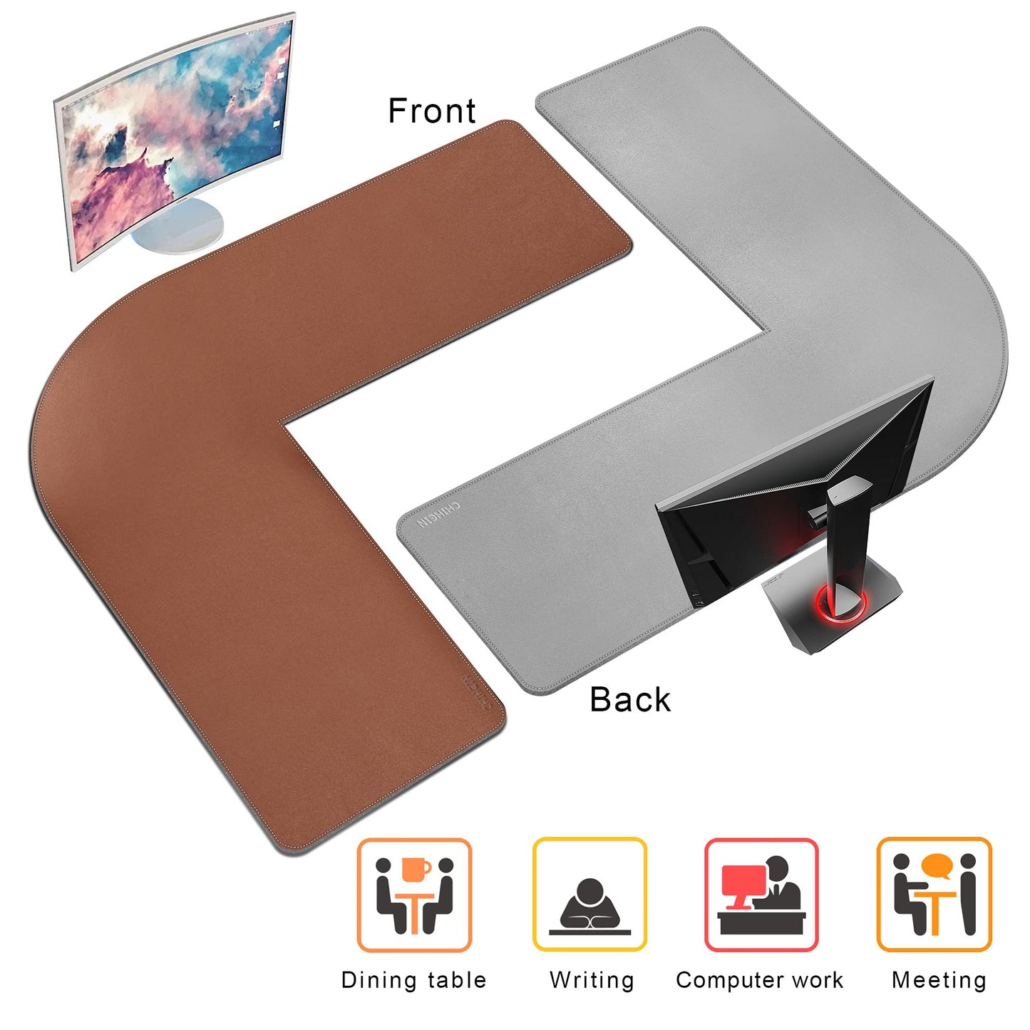 Chihein L-Shaped Desk Pad, Corner Desk Mat (49.2”+ 49.2”) x 15.7”, Computer Office Mouse pad Writing Table Pad for Home Office - Brown/Gray