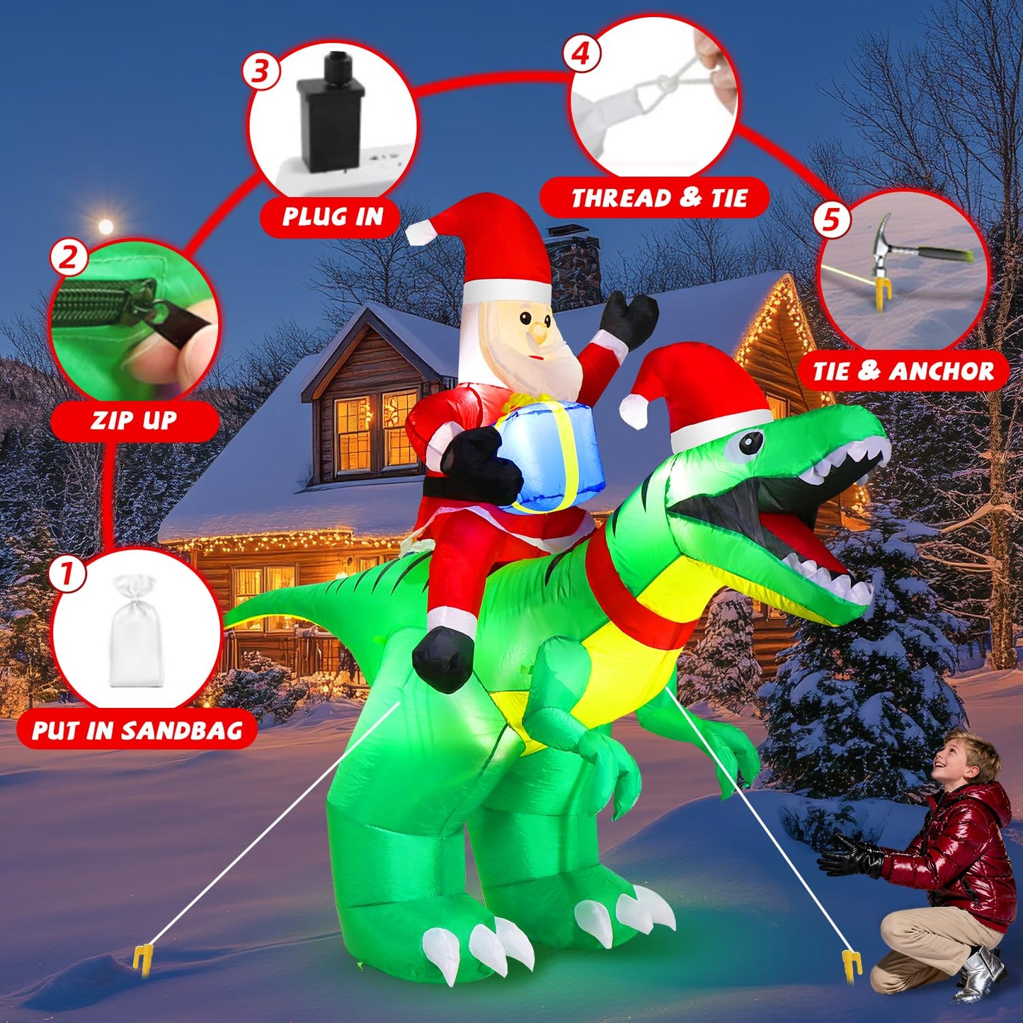 9x7FT Christmas Inflatables Santa Ride on Dinosaur with LED Outdoor Christmas Dinosaur Inflatable Blow Up Yard Decorations with Sandbags Stakes Strings for Garden Decor