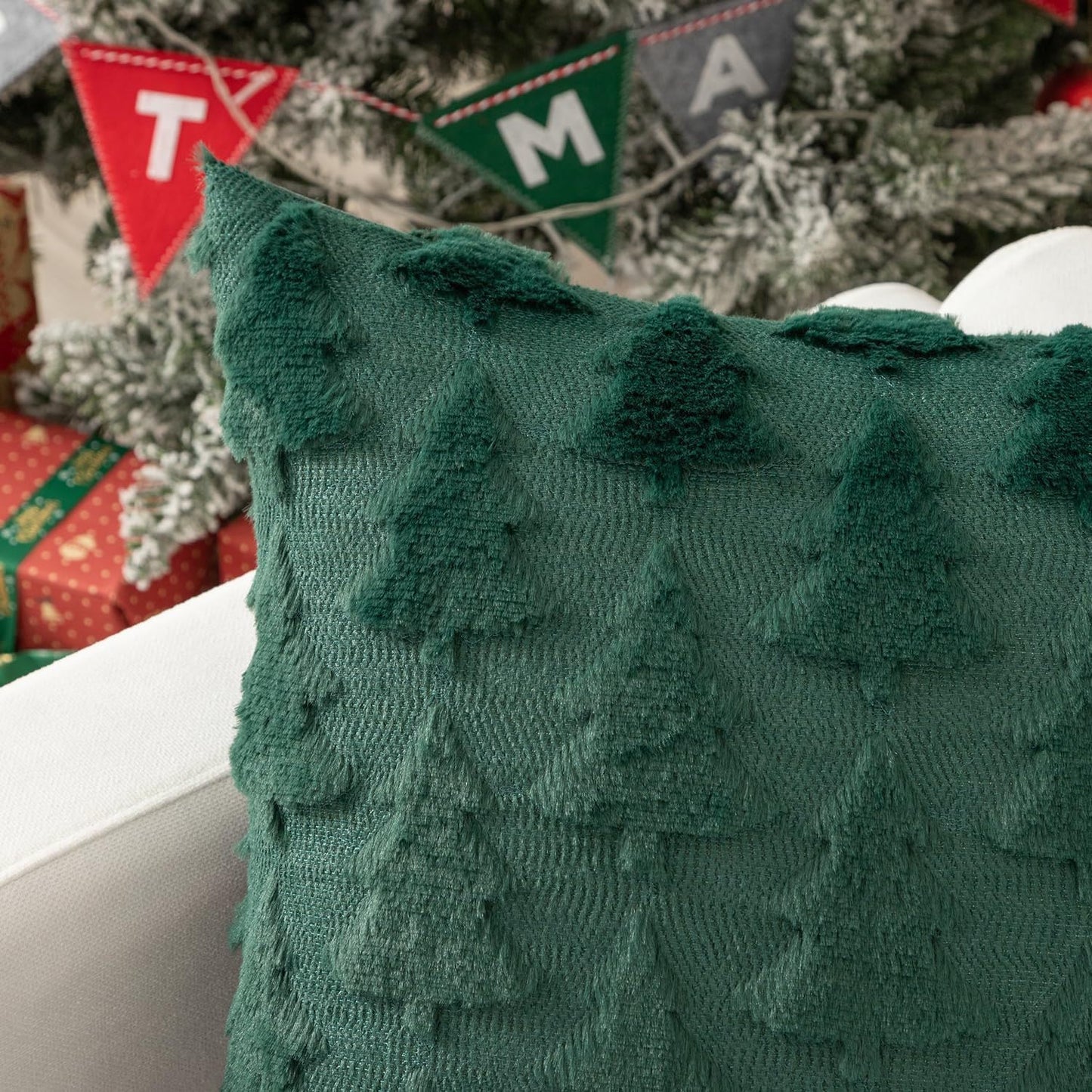 TBAVNOSY Christmas Tree Pillow Covers Set of 2 18x18 inches, 3D Xmas Tree Shaped Faux Fur Throw Pillow Covers for Couch, Sofa, Living Room Winter Holiday Decor, Farmhouse (Dark Green)