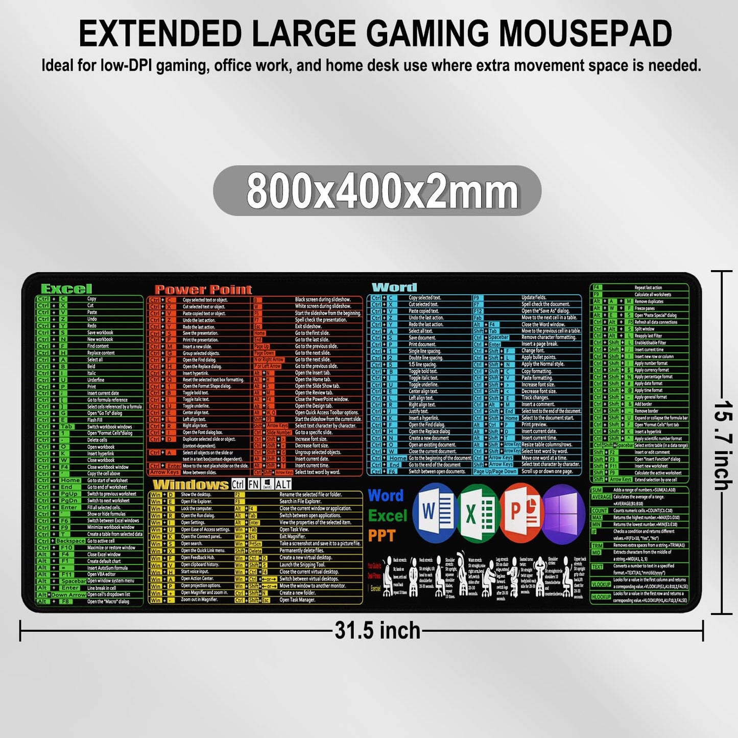 Excel Shortcuts Large Mouse Pad, 31.5 x 15.7 in Gaming Extended Mousepad with Stitched Edge, Non-Slip Rubber Base Water Resist Keyboard Pad for Office Game Home XXL, Word Excel PPT
