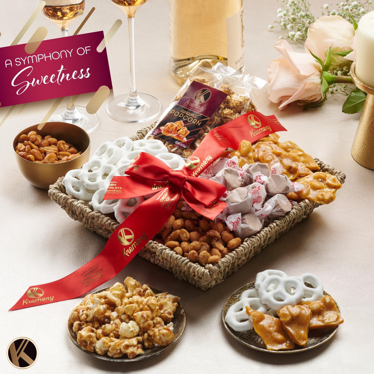 KREMERY Creamy Chocolate Cravings Chocolate Covered Pretzels, Nuts, Candy & Caramel Popcorn (Classic, 1.5 lbs) Sweet Treats in Seagrass Tray with Ribbon Kosher Arrangement