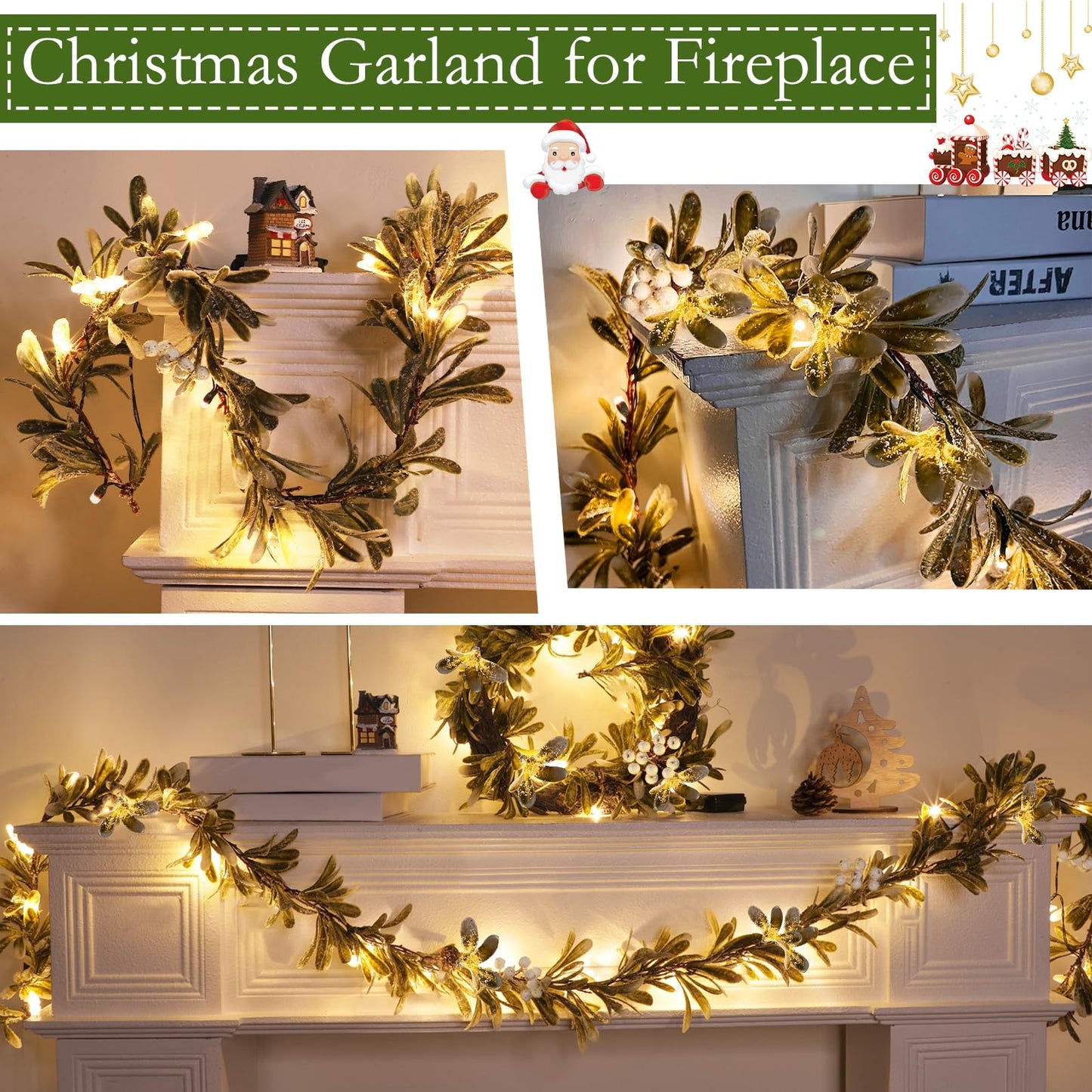 6 FT Mistletoe Lighted Christmas Garland, Prelit Flocked Cedar Garland with Lights Mistletoe Leaves White Berry Pinecorn Warm White Lights Timer, Mantel Party Table Fireplace Home Xmas Decor
