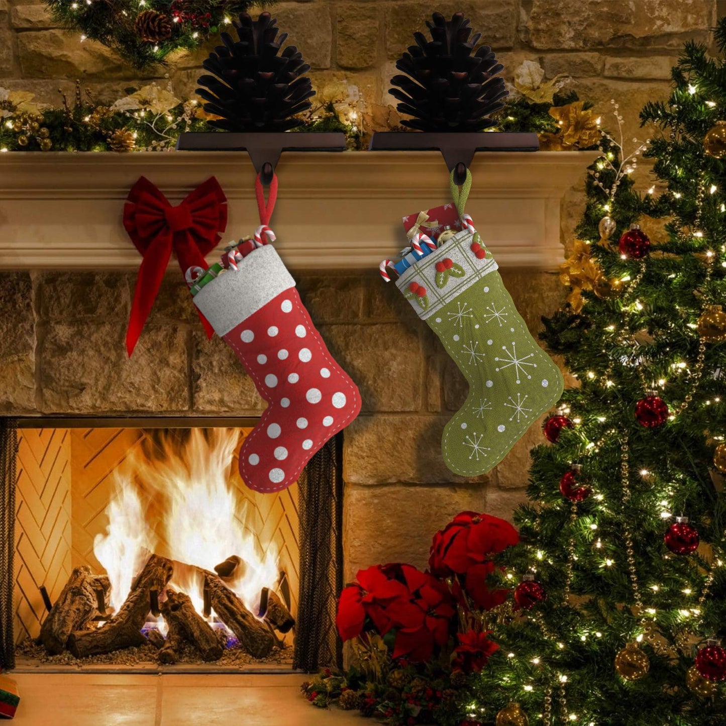 Hxezoc Pine Cone Christmas Stocking Holder, 3D Brown Metal Mantel Stocking Hanger for Christmas Fireplace Mantel Decorations Christmas Holiday Supplies