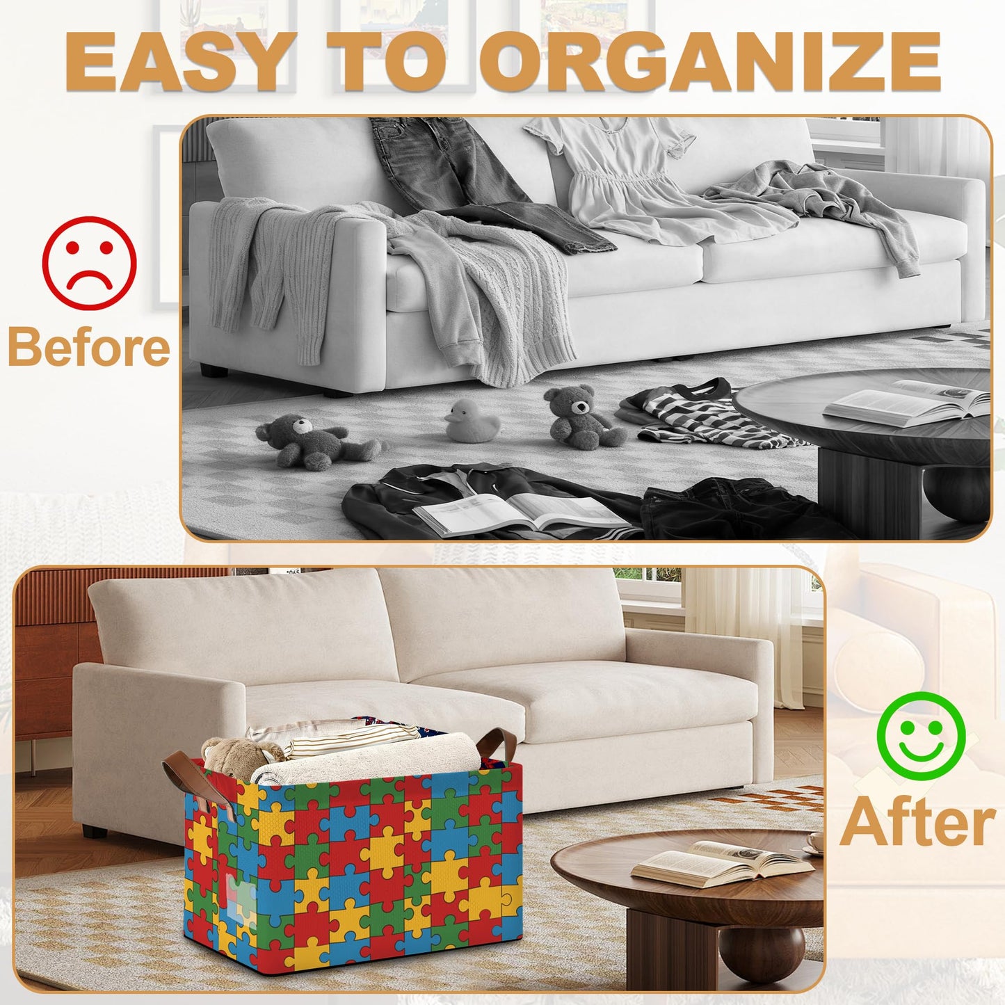 Oeaskly Storage Bins with Handles, Oxford Cloth Storage Basket with Sturdy Frame, Jigsaw Collapsible Organizer for Closet, Shelf, Clothes, Towels, Home Storage