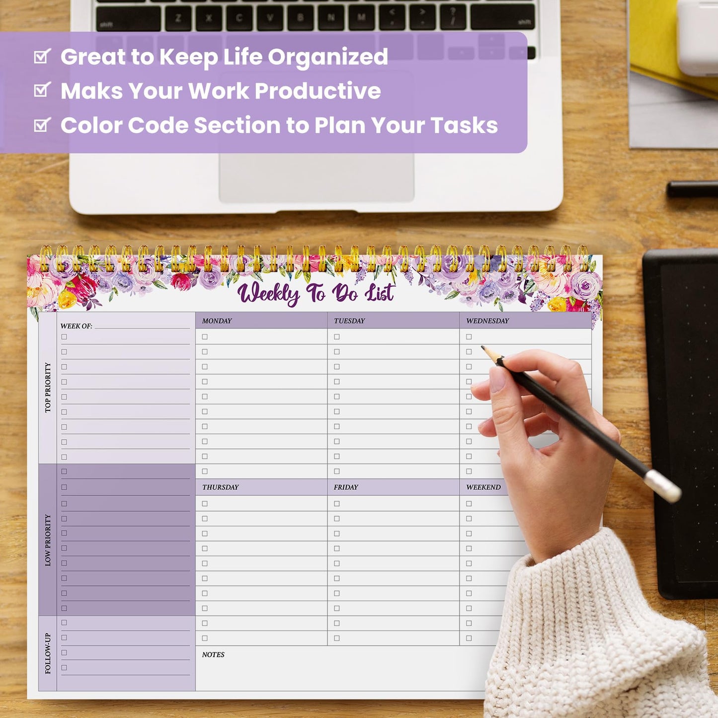 Weekly To Do List Notepad with 52 Undated Sheets（8.5"×11"）- Undated Weekly Planner Notepad for Office Desk Accessories and Supplies - Lavender Charm