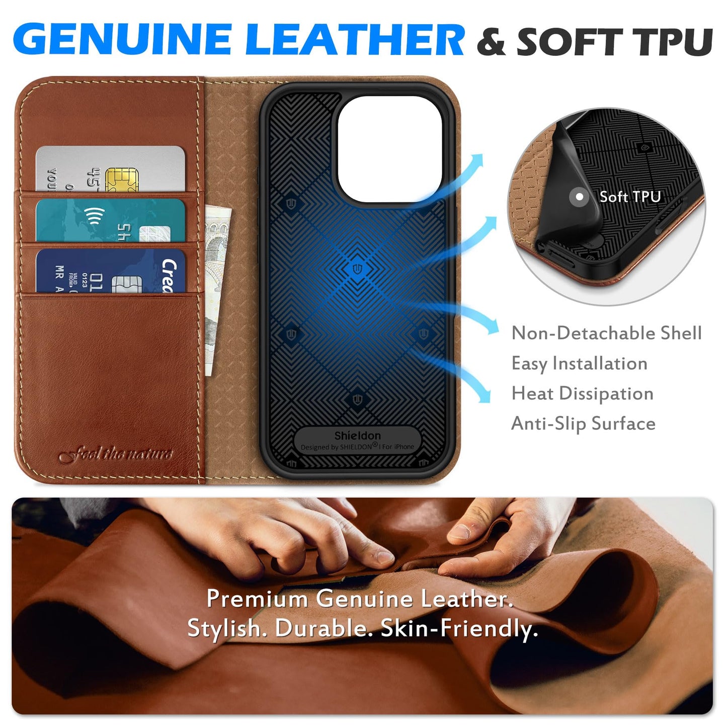 SHIELDON Wallet Case for iPhone 16 Pro 6.3" 2024, Genuine Leather Folio Magnetic Closure RFID Blocking Card Holder Kickstand Full Protection Phone Case Compatible with iPhone 16 Pro - Retro Brown