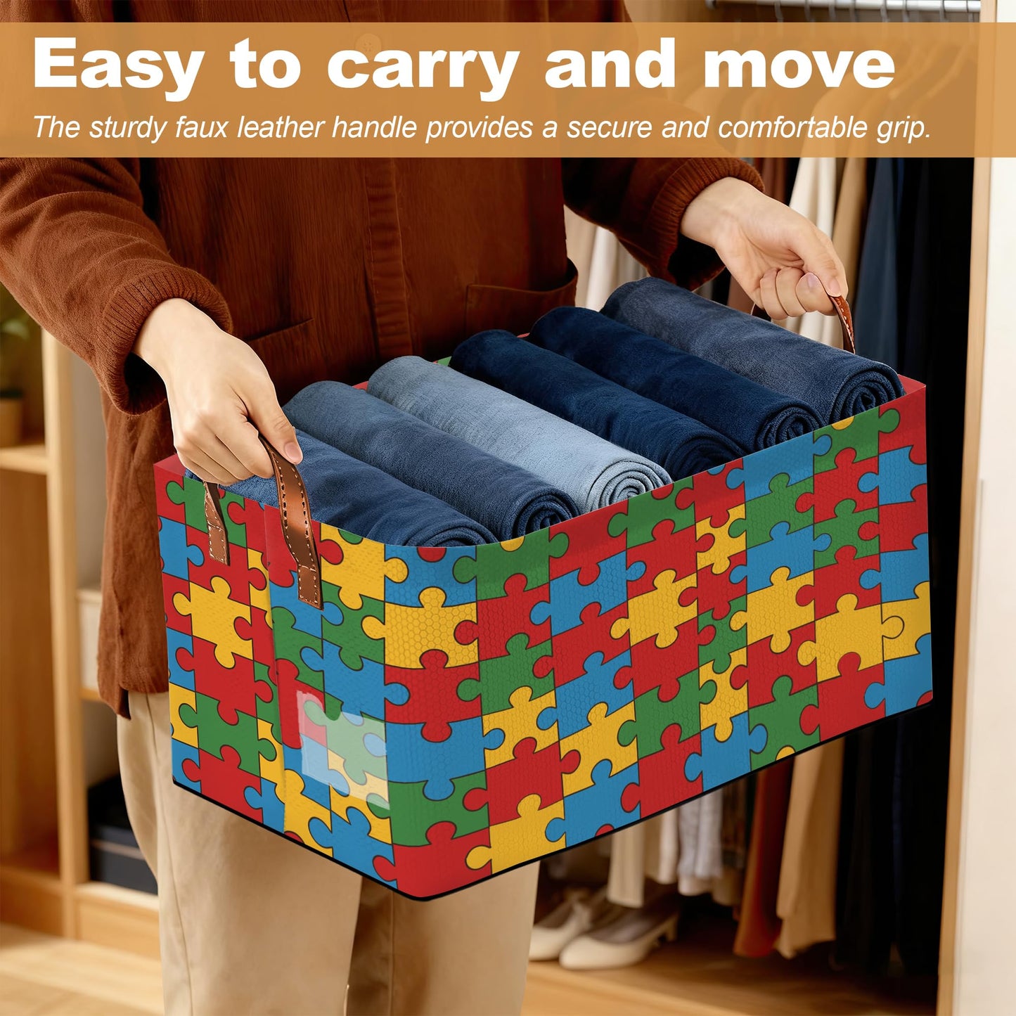 Oeaskly Storage Bins with Handles, Oxford Cloth Storage Basket with Sturdy Frame, Jigsaw Collapsible Organizer for Closet, Shelf, Clothes, Towels, Home Storage