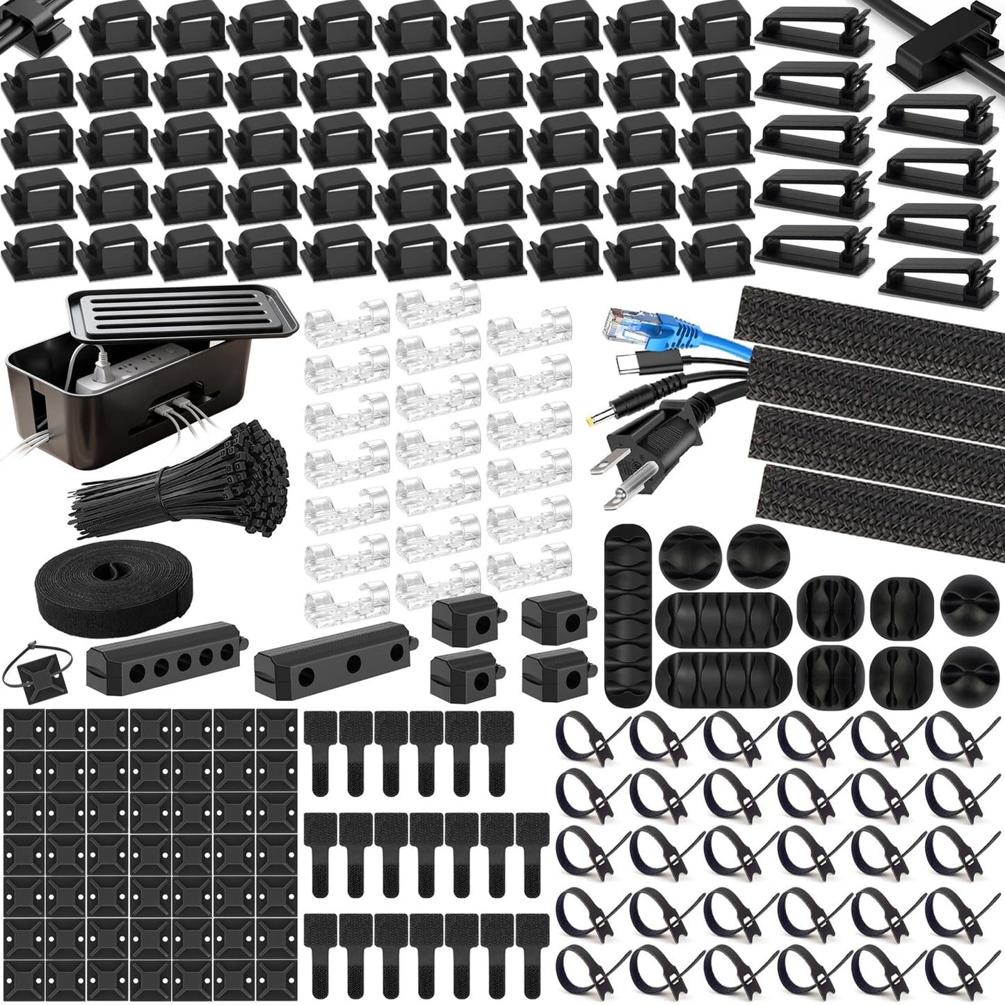 353 PCS Cable Management Kit - 1 Cable Management Box, 4 Cable Sleeve Split, 130 Adhesive Cable Clip, 17 Cable Holder, 1 Roll Cable Organizer Strap, 150 Cable Tie with 50 Mount, for Computer Desk TV