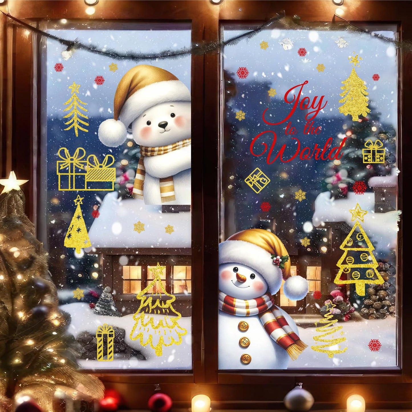 Christmas Window Decorations Stickers Snowman Window Decals Vinyl Christmas Windows Clings Double-Side Xmas Decal Peel and Stick Joy to The World Sticker for Home Xmas Party Supplies Decor