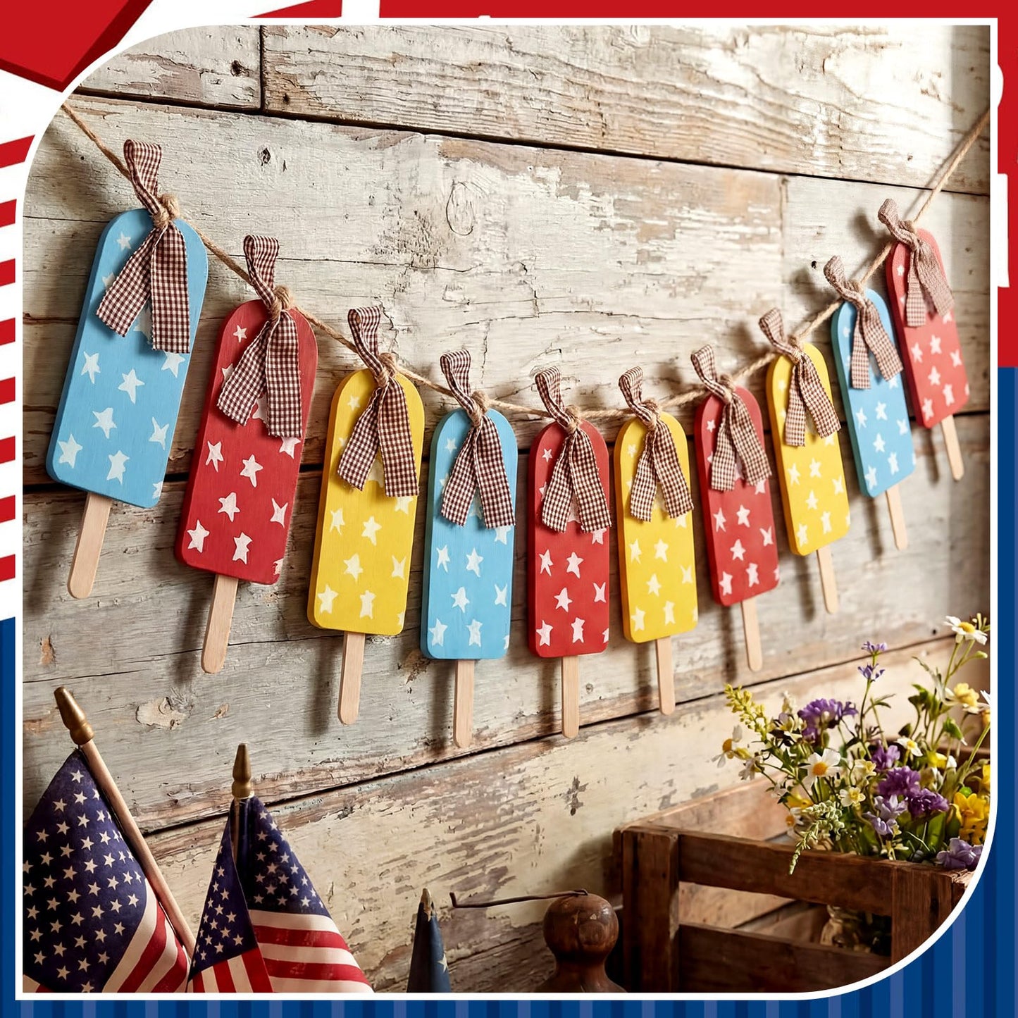 HunnmingRe Summer Patriotic Garland 10 ft 4th of July Red Blue White Yellow Banner American Summer Ice Cream Hanging Decoration for 250th Anniversary Independence Day Home Mantel Wall Party Supplies
