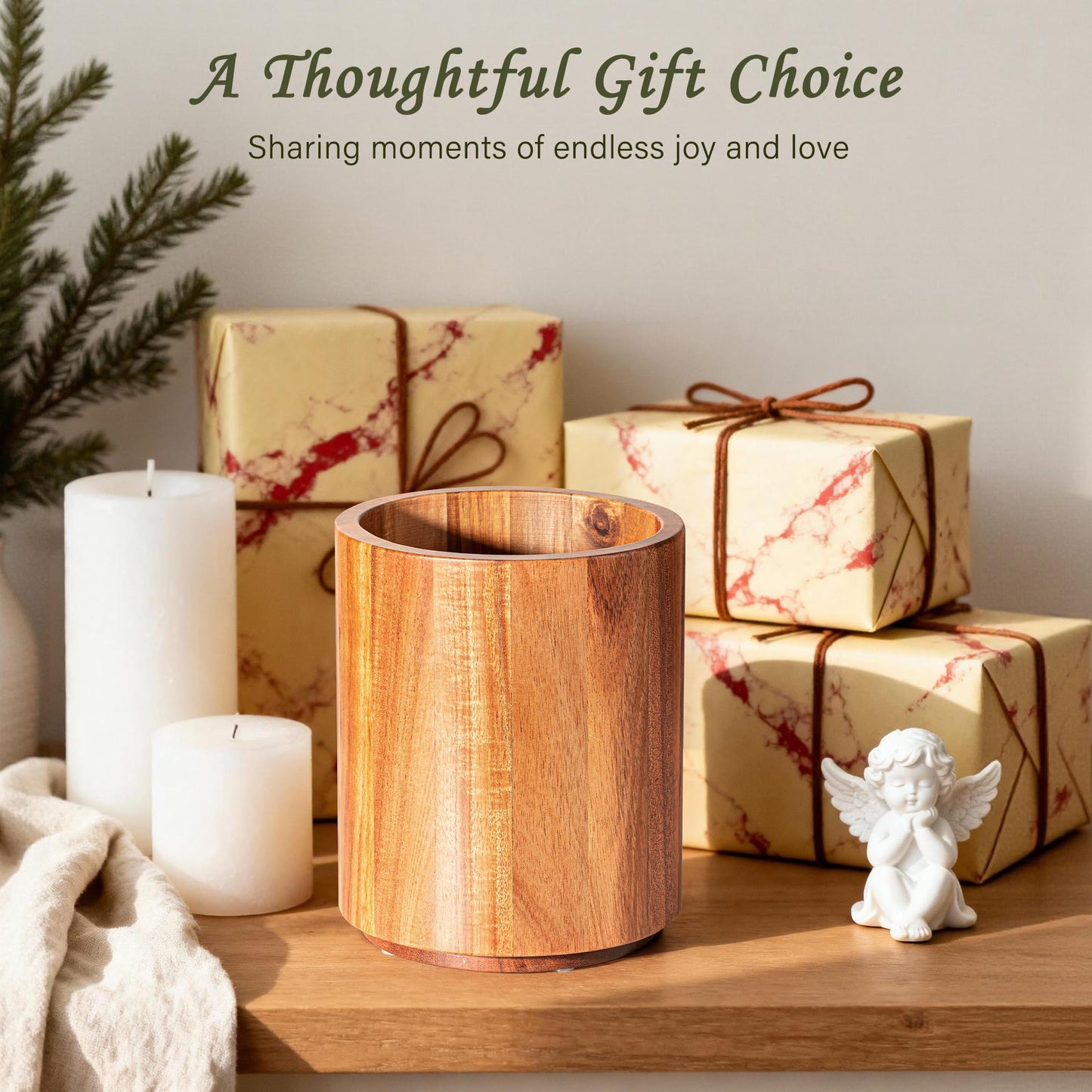 Criusia Utensil Holder 3 Pack, 360° Rotating Acacia Wood Cooking Utensil Crocks for Kitchen Counter, Farmhouse & Modern Decor, (1 Large, 1Medium, 1 Small)