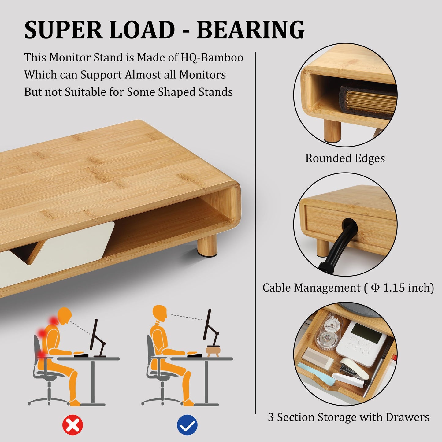 Homerays Monitor Stand with Drawer, Exquisite Computer Monitor Stand for Desk, Ergonomic Wood Monitor Stand Riser for Computer,Laptop,Printer,TV,Bamboo,White