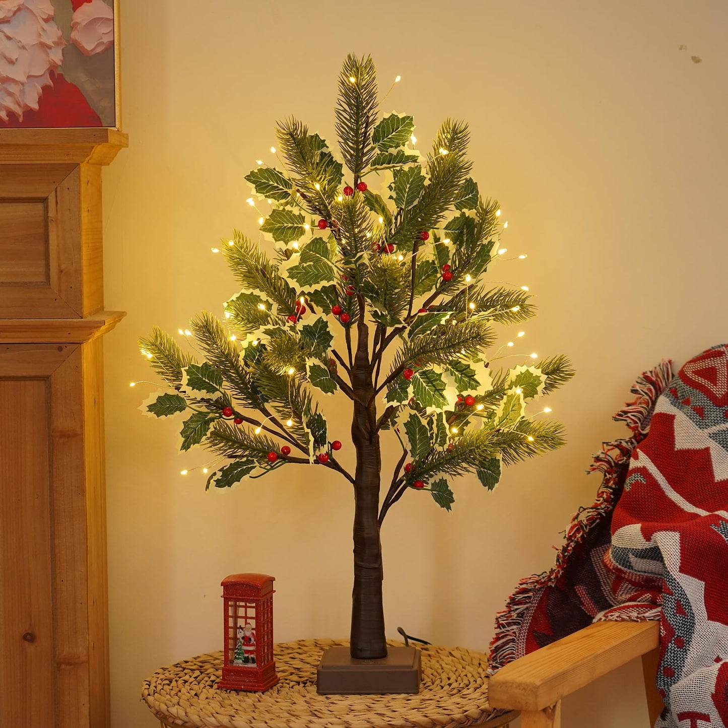 PXBNIUYA 2 FT Christmas Tree with 72 LED Lights, Christmas Decorations Indoor, Fairy Light Spirit Tree for Home Decor, Lighted Birch Trees with Pine Needles, USB and 3AA Battery and Timer（Warm White）