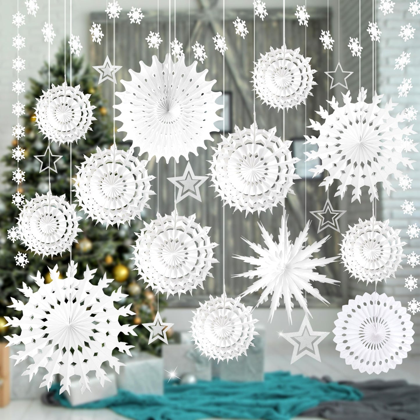 WNSIRVY 21 Pcs White Snowflake Decorations Christmas Paper Hanging Fans Decor Winter Wonderland Party Decorations with Frozen Snowflake Garland Star Hanging for Xmas Winter Wedding Birthday