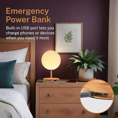 Outdoor Battery Operated Table Lamp & Power Bank - 5000mAh Rechargeable Battery Powered, Touch Dimmable, 3 Color Temperatures, IP44 Waterproof Lamp for Home, Patio Use - 9.6 In Modern Wood Grain Globe