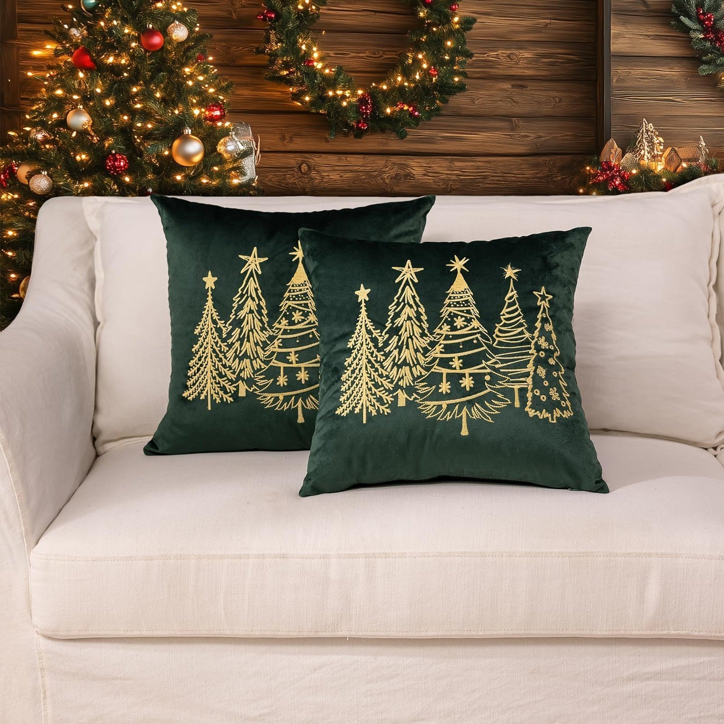 GEEORY Green Velvet Embroidered Christmas Tree Pillow Covers 18x18 Inch Set of 2, Xmas Decorations Farmhouse Winter Holiday Decor Cushion Case for Sofa & Bed GX006-18