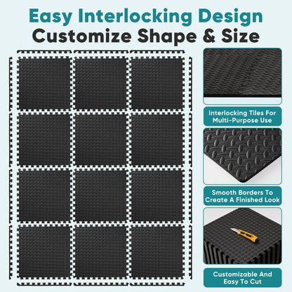 OLIXIS Interlocking Foam Floor Tiles, 1/2 Inch Thick Non-Slip Gym Flooring Mats for Home Gym, Garage Floor Mats Protective Workout Room Tiles for Weight Lifting & Cardio, 12 Pcs