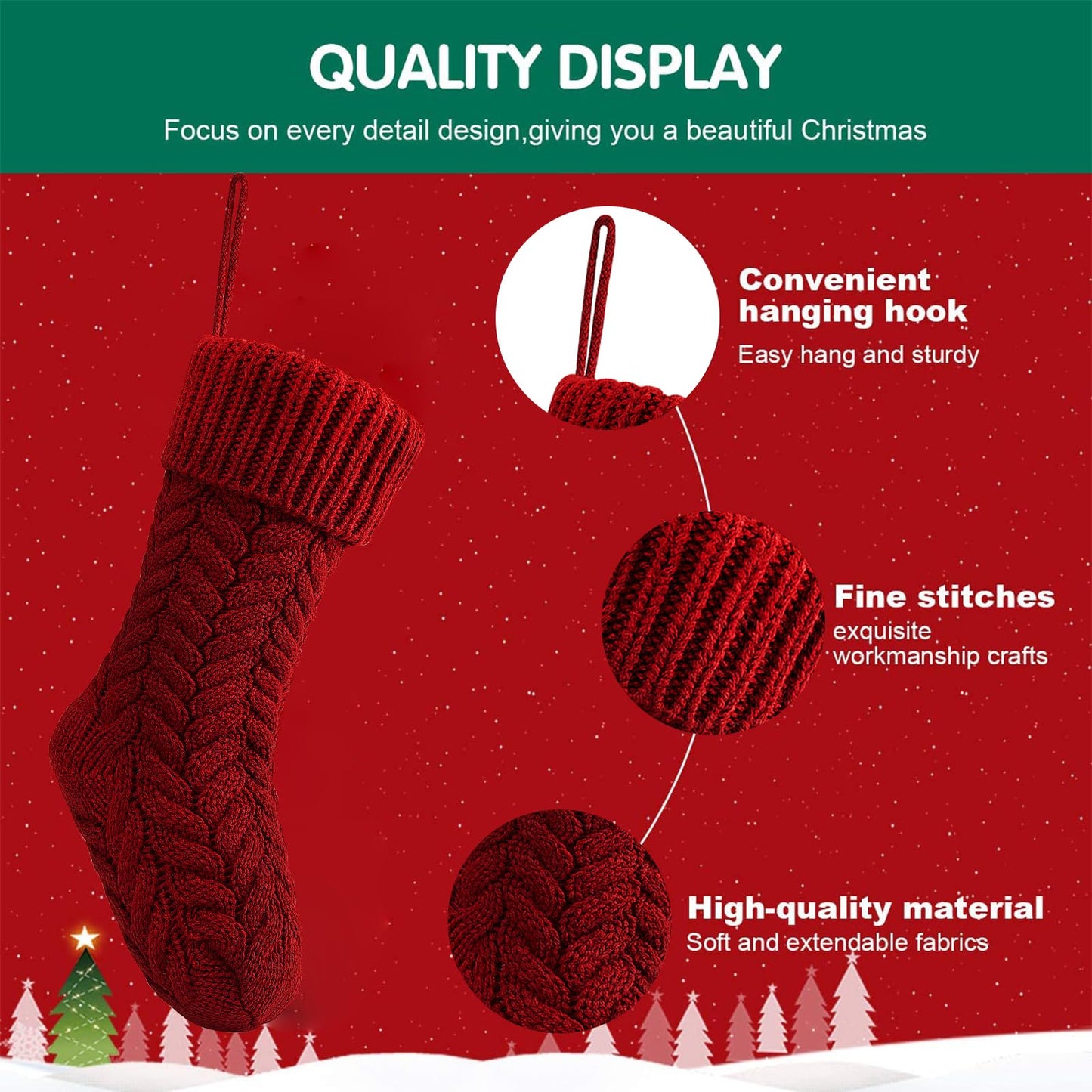 Fesciory 18 Inches Christmas Stockings Bulk, 6 Pack Large Size Cable Knitted Fireplace Hanging Stockings for Family Holiday Xmas Party Decorations, Burgundy&Ivory White&Green