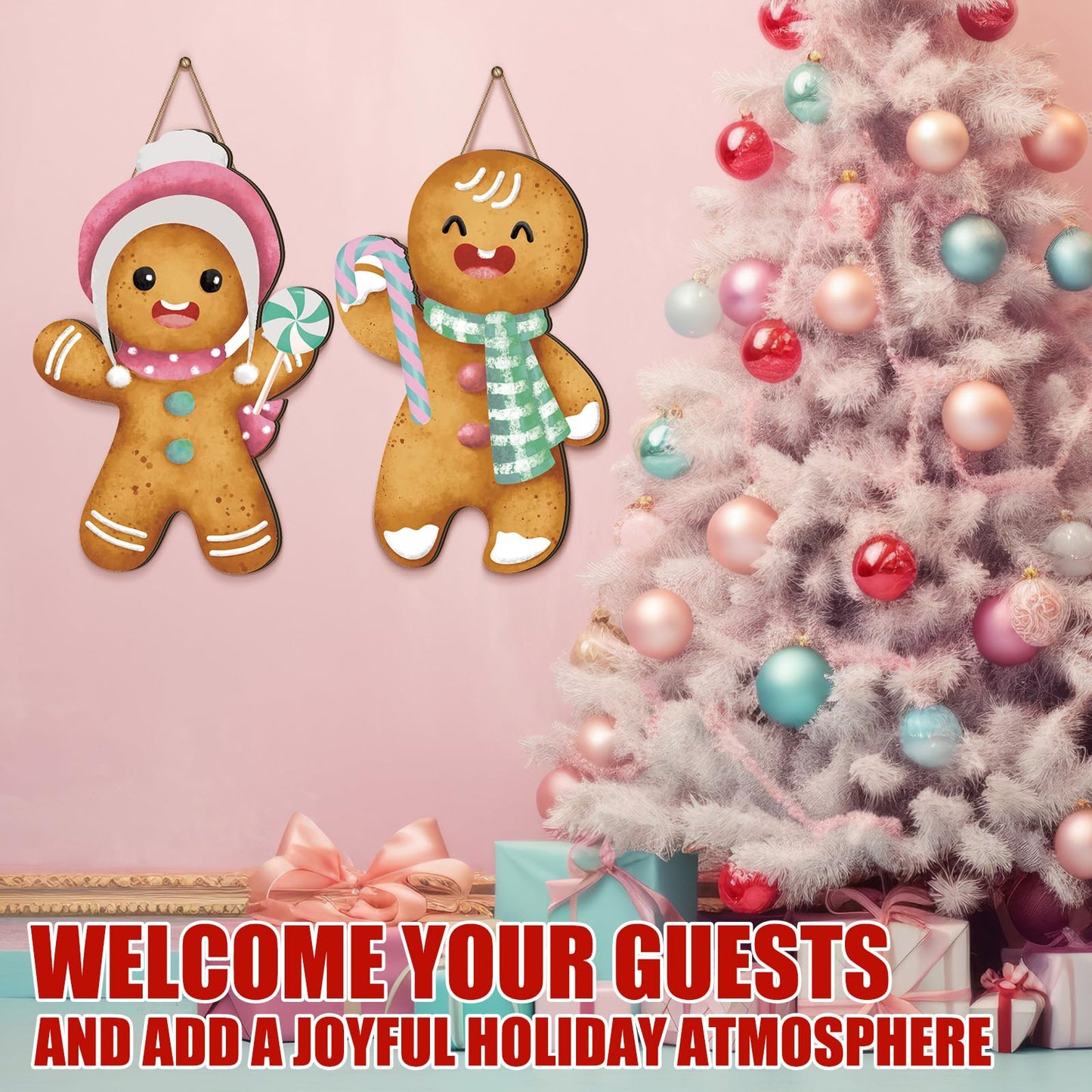 2 Pcs Pastel Gingerbread Christmas Decorations Christmas Wreath Hanging Sign for Front Door Candyland Wooden Welcome Signs Gingerbread Man Hanging Signs Ginger Bread Decor for Holiday