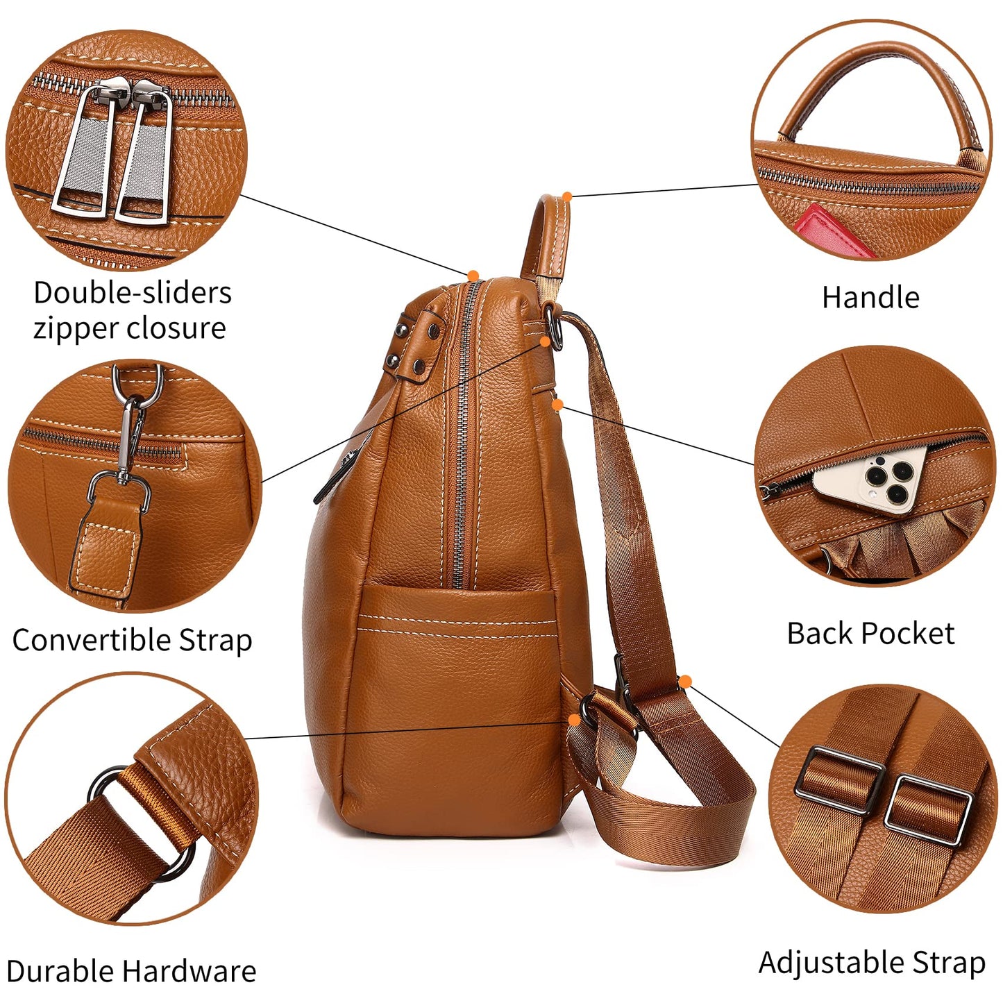 Wesccimo Genuine Leather Backpack Purse For Women Real Soft Leather Travel Fashion Designer Convertible Ladies Shoulder Bag