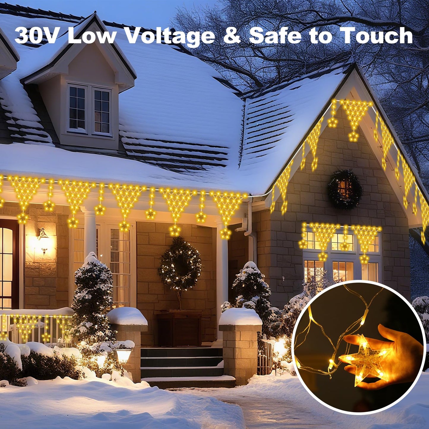 Ramadan Outdoor String Lights Waterproof, 218 LED 13.8FT Star Curtain Fairy Lights with 12 Drops Connectable Clear Wire Christmas Light Decorations 8 Modes for Eaves Yard Wedding Party Holiday Decor