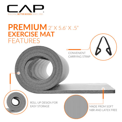 CAP Barbell High Density Exercise Yoga Mat with strap, 68"x24"x 1/2" - Sage Green