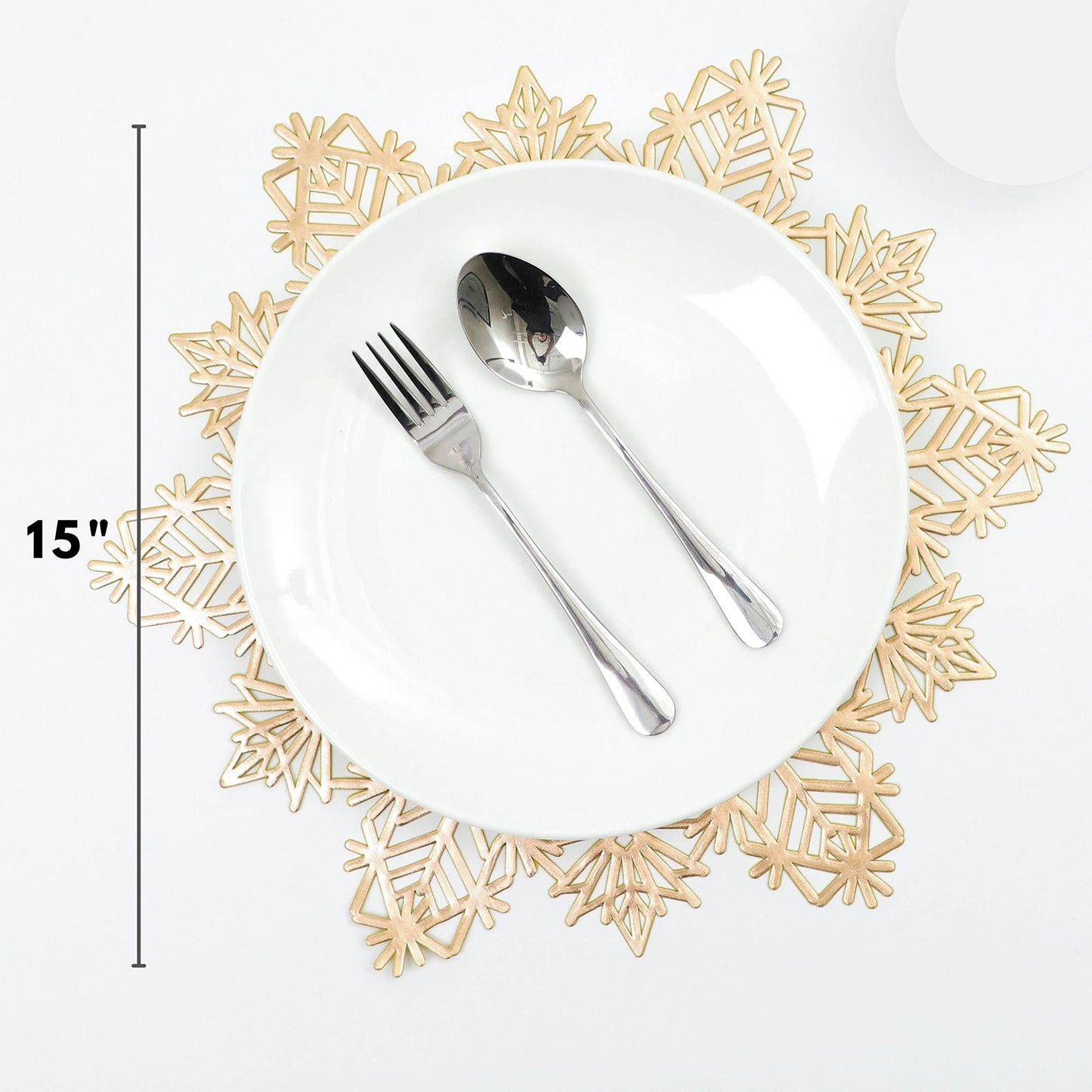 Snowkingdom Christmas Round Snowflake Placemats Sets of 6 Laminated Gold Metallic Vinyl 15 inch Winter Festival Table Decorations for Holiday Party Feast