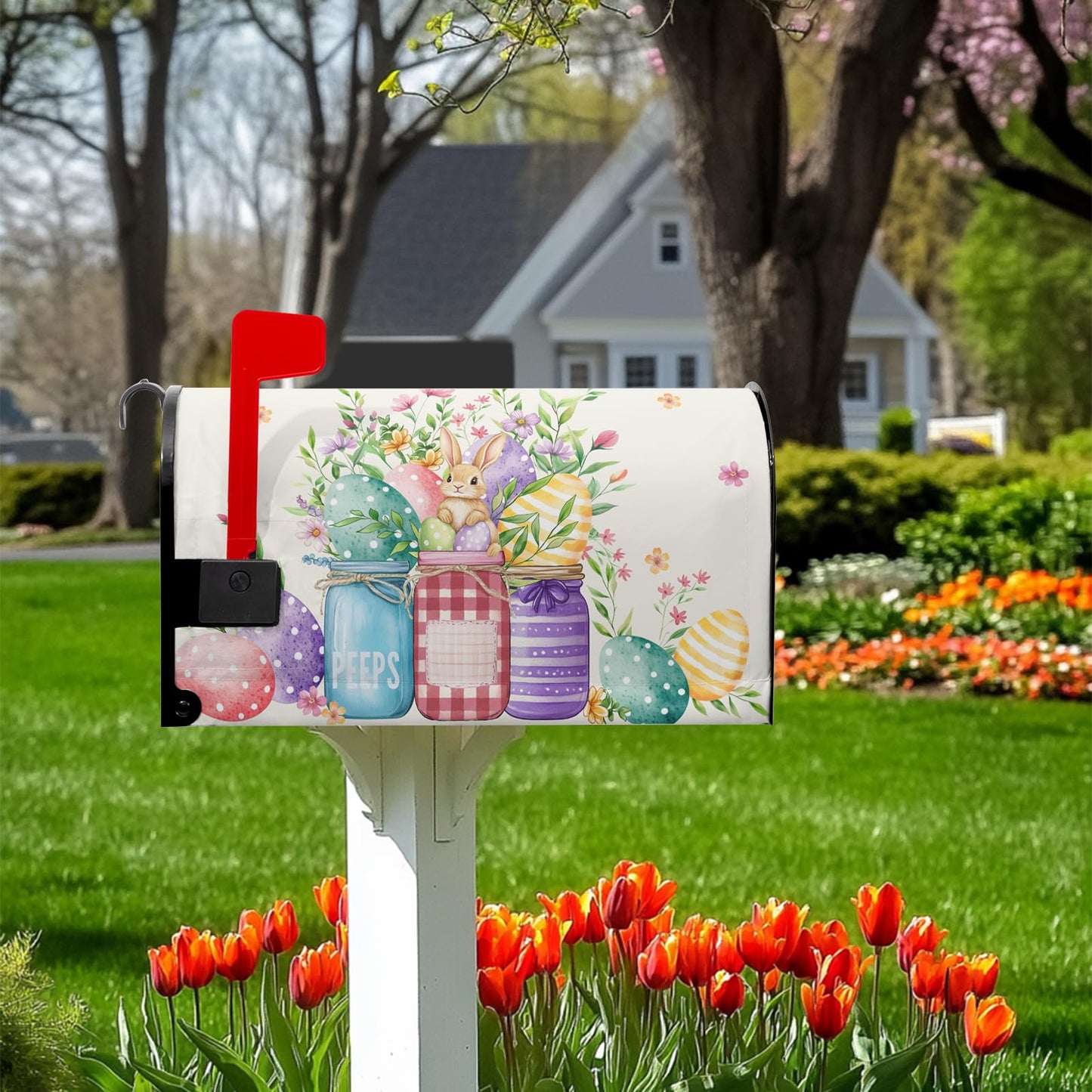 Easter Magnetic Mailbox Cover Bunny Mailbox Covers Standard Size 21x18 in Spring Floral Post Letter Box Cover Waterproof Oxford Outdoor Farmhouse Garden Yard Decor Beautiful Jars Eggs