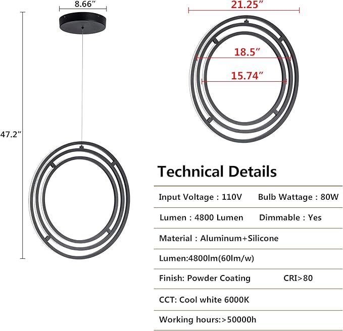 Modern LED Pendant Light Dimmable Creative Chendalier Adjustable Hanging Pendant Lighting Circle 3 Rings 6000K Cool Light Fixture for Dining Room Bedroom Kitchen Island Hall 80W (Black)