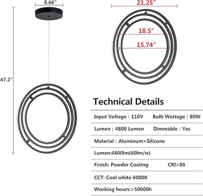 Modern LED Pendant Light Dimmable Creative Chendalier Adjustable Hanging Pendant Lighting Circle 3 Rings 6000K Cool Light Fixture for Dining Room Bedroom Kitchen Island Hall 80W (Black)