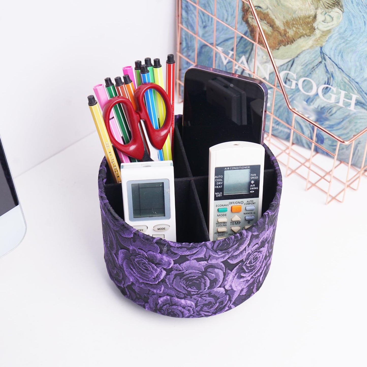 QIELIZI Round Leather Art Supply Organizer,Remote Control Holder,360 Degree Rotating,Multi-Functional Pencil Holder,4 Compartments Desktop Stationary Organizer(1-3D Rose Purple)