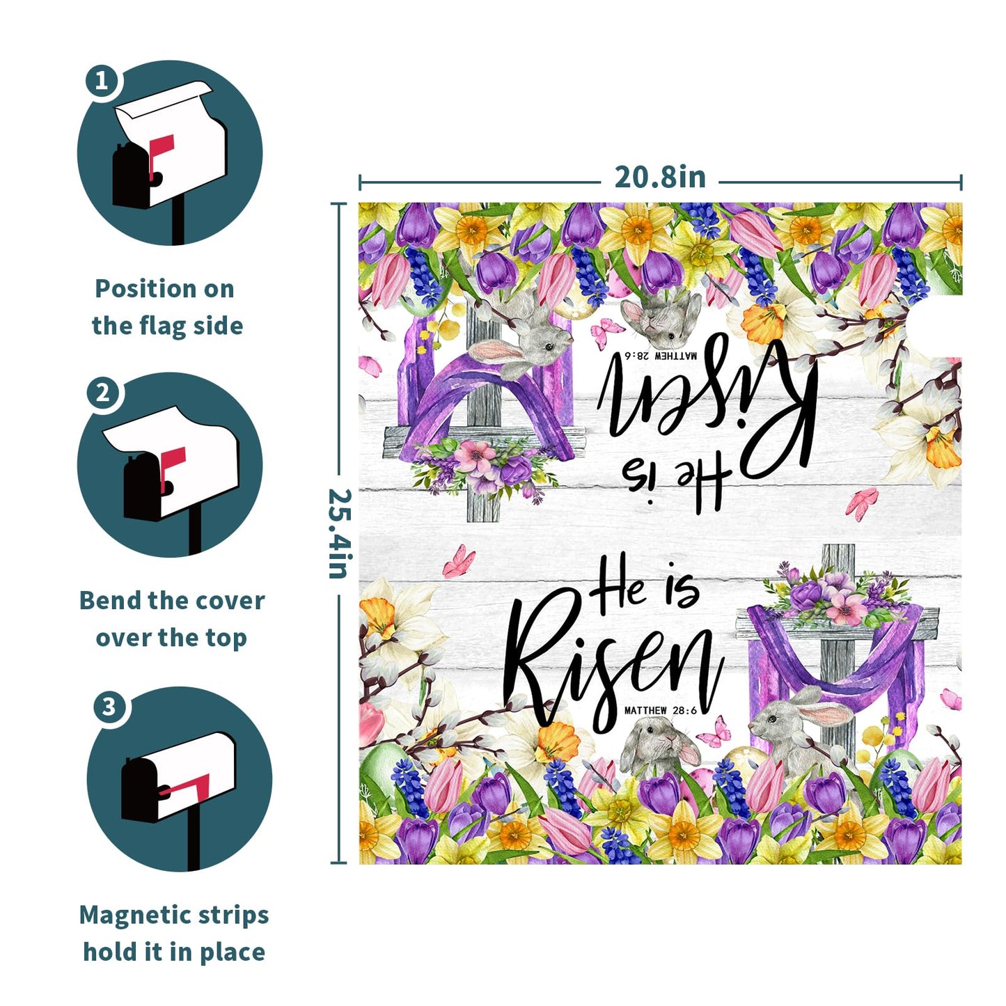 He is Risen Easter Cross Christian Mailbox Cover Magnetic Large Size 25x21in Religious Spring Lily Flower Decorative Mailbox Wrap Decals Easter Bunnies Rabbit Post Letter Box Cover for Garden Yard