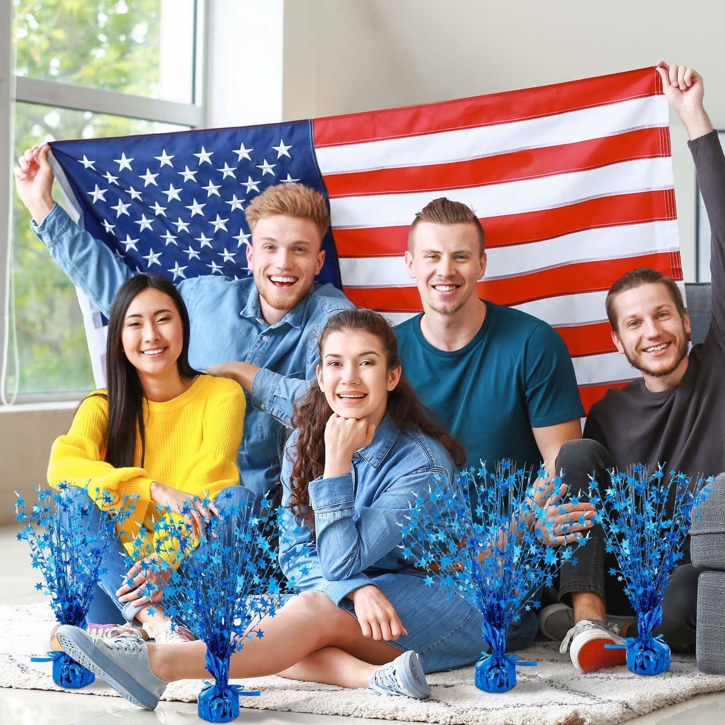 Crowye 3 Pcs Table Centerpiece for Party Blue Star Table Decoration Metallic Foil Spray Centerpiece for Birthday 4th of July 250th Anniversary Party Decorations