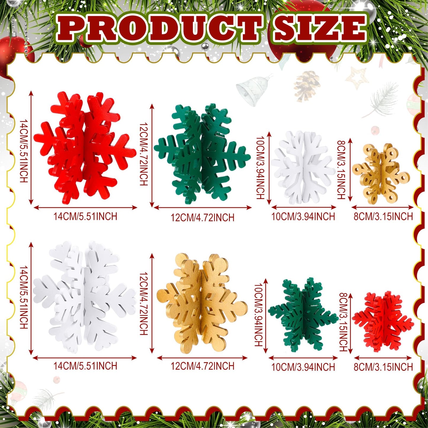 Wenqik 16 Pcs Winter Wooden Snowflake Decor Christmas Winter Snowflake Tabletop Decorations 3D Snow Table Signs Standing Centerpiece Xmas Tiered Tray Decorations for Party(Gold, White, Green, Red)