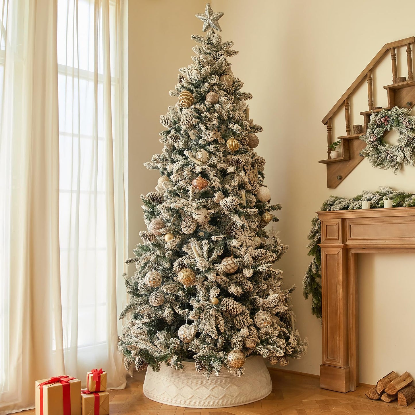 Christmas Tree Collar, Knit White Rustic Farmhouse Christmas Tree Skirt,Adjusted Christmas Tree Base Cover for Artificial Trees for 6ft 6.5 ft 7ft 7.5ft Tree
