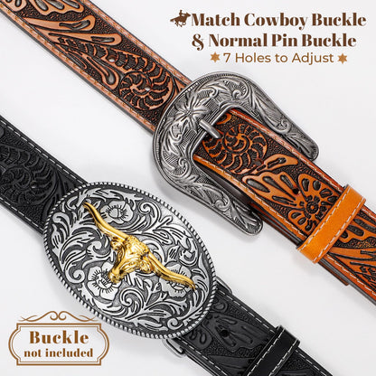 LALATCH Mens Western Cowboy Belt, 2 Pack Western Belts without Buckle for Men Woman Cowgirl Leather Jeans Belt, Brown+Black