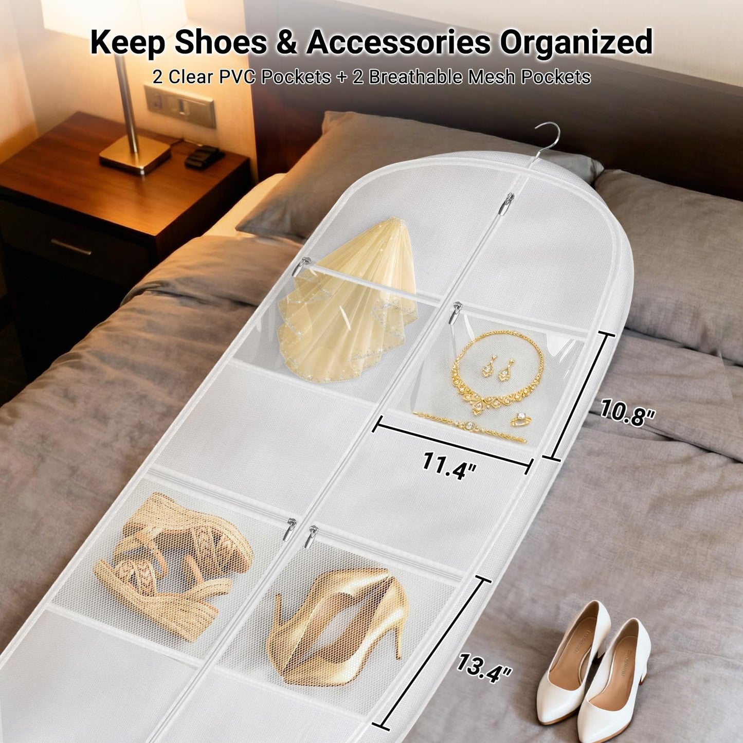 MISSLO 2-in-1 Wedding Dress Garment Bag with 5 Bride Accessories Pockets 70" Dress Bags for Gowns Long with Adjustable Handles Trifold Dresses Cover for Travel and Closet Storage, White