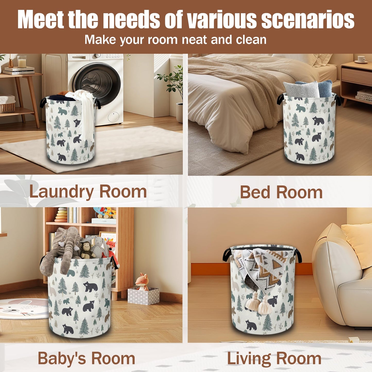 Bear Pine Tree Laundry Basket,Wild Animal Laundry Hamper Waterproof Oxford Cloth Tote Collapsible,Clothes Storage Bucket Decorative Toy Organizer For Bathroom Bedroom 16" x 20.8"