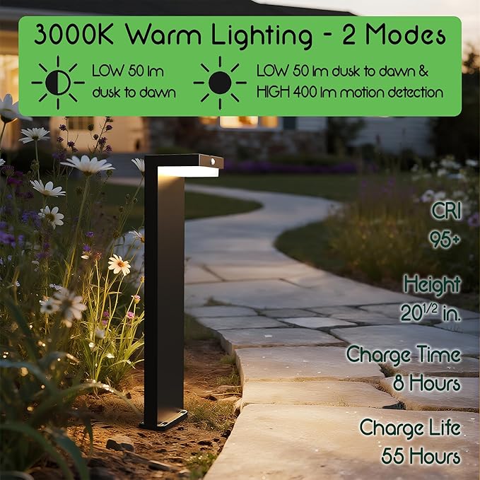 Solar Pathway Lights - Walkway Solar Lights for Outside - PIR Sensor & Two Lighting Modes - Rechargeable Battery Lasts Up To 55 Hours - 3000K - IP44 Weather Resistant - 2 Pack - 20.5" Height