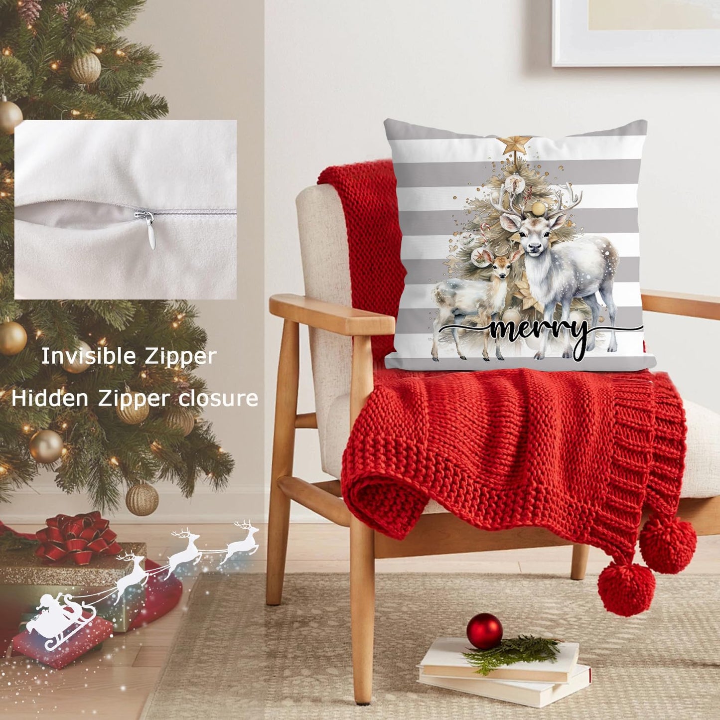 Artmag Christmas Pillow Covers 16x16 inch Set of 4 Snowman Gloves Welcome Winter Grey White Strip Christmas Throw Pillow Covers Winter Farmhouse Decoration for Home