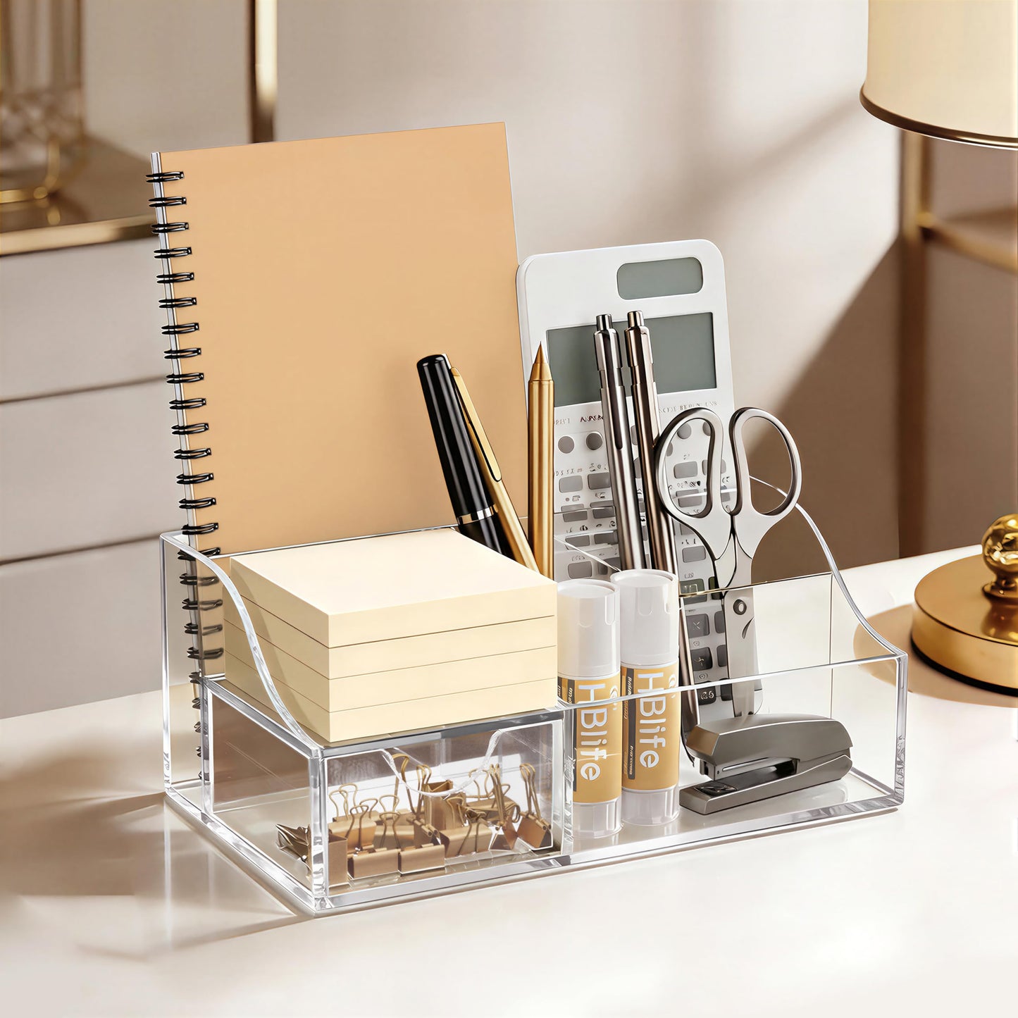 HBlife Acrylic Desk Organizer with 6 Compartments, Pen & Pencil Holder, Clear Multifunctional Desktop Caddy for Office Supply and Organization
