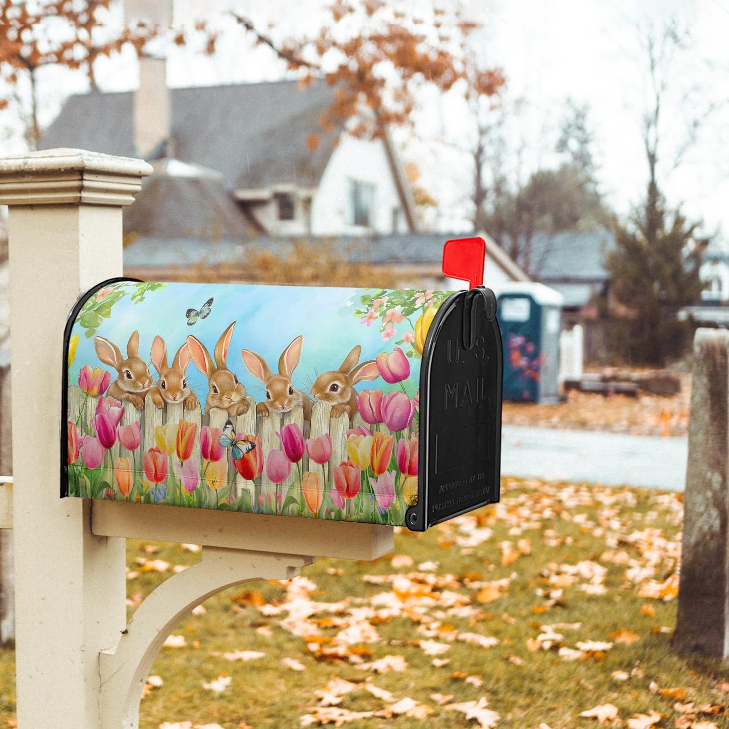 Sweetshow Easter Bunny Mailbox Covers Magnetic Standard Size 18" X 21",Spring Summer Butterfly Tulip Flowers Mailbox Wraps Post Letter Box Cover for Outside Garden Yard Decor