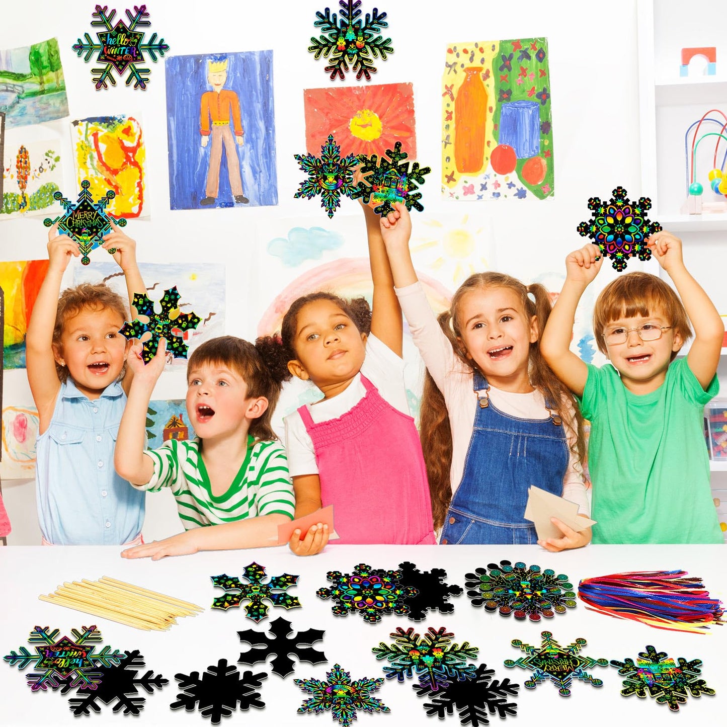 Hollowfly 80 Pcs Snowflake Scratch Cards Winter Scratch Ornaments for Kids Rainbow Winter Crafts Party Supplies for Xmas Gift Home Classroom DIY Activities