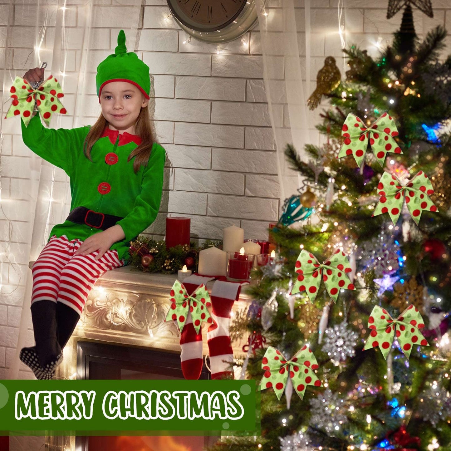Jetec 12 Pcs Red Green Christmas Bows Decoration 6 Inch Large Christmas Wreaths Bows Xmas Tree Dot Ribbons Ornaments for Garland Wedding Party(Red and Green,Glitter Pattern)