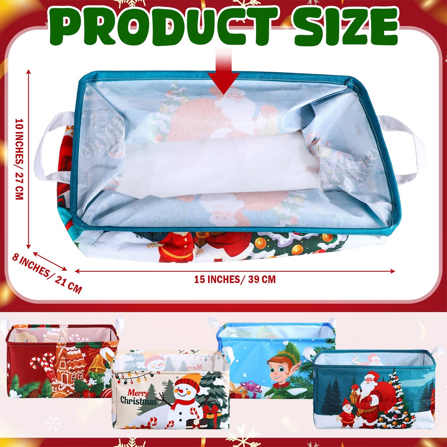 Breling 4 Pcs Christmas Storage Basket Gingerbread Man Santa Claus Snowman Basket with Handles Large Collapsible Storage Bins Boxes for Xmas Gift Laundry Shelves Home Office, 15 x 10 x 8 Inch