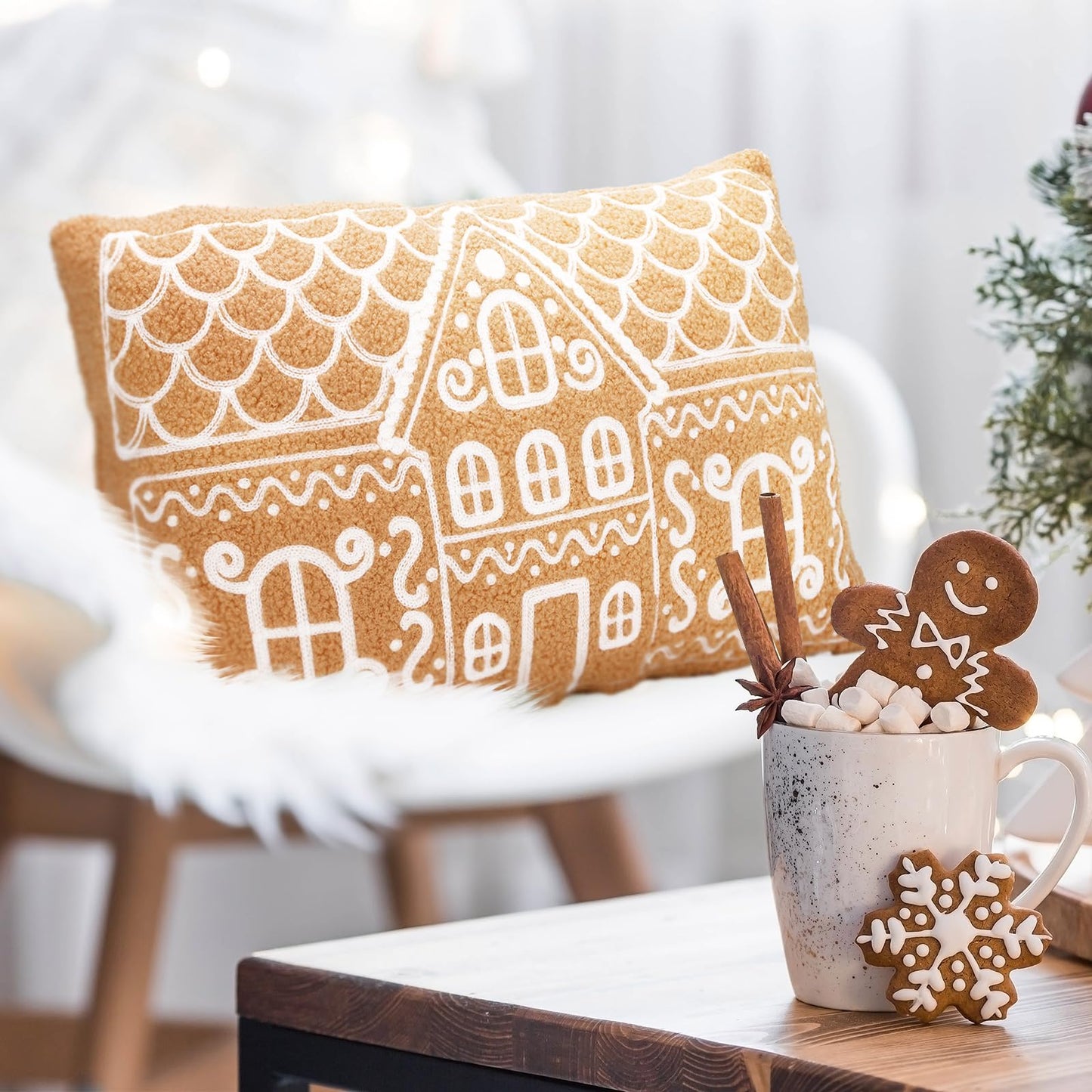 Tudomro Christmas Gingerbread House Pillow Covers 12x20 Inch Gingerbread House Shaped Embroidered Sherpa Holiday Decorative Throw Pillow Cases for Xmas Home Bedroom Couch(Retro,Brown)