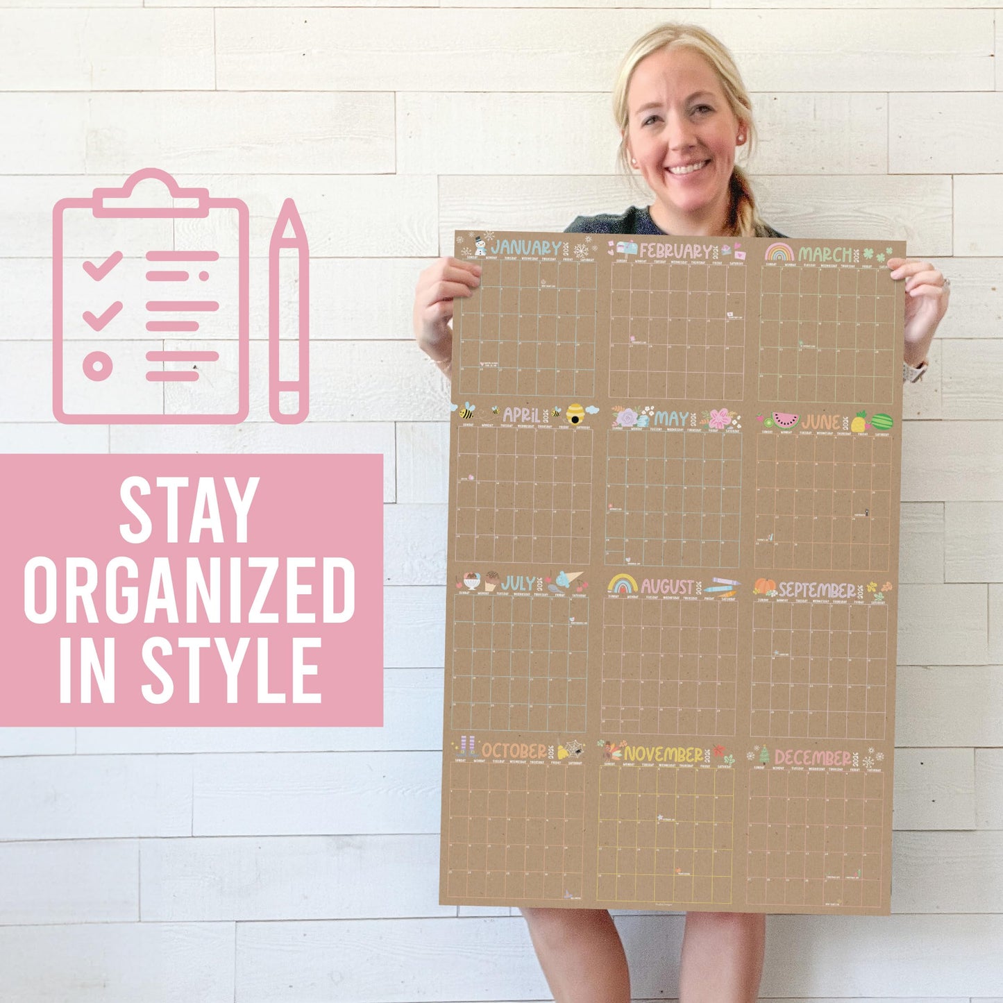Hadley Designs Yearly Wall Calendar 2026 Large - 12 Month Dry Erase Calendar for Wall, Double-Sided, Reversible, Erasable, Reusable, Full Year Long Annual Planner - Kraft Pastel