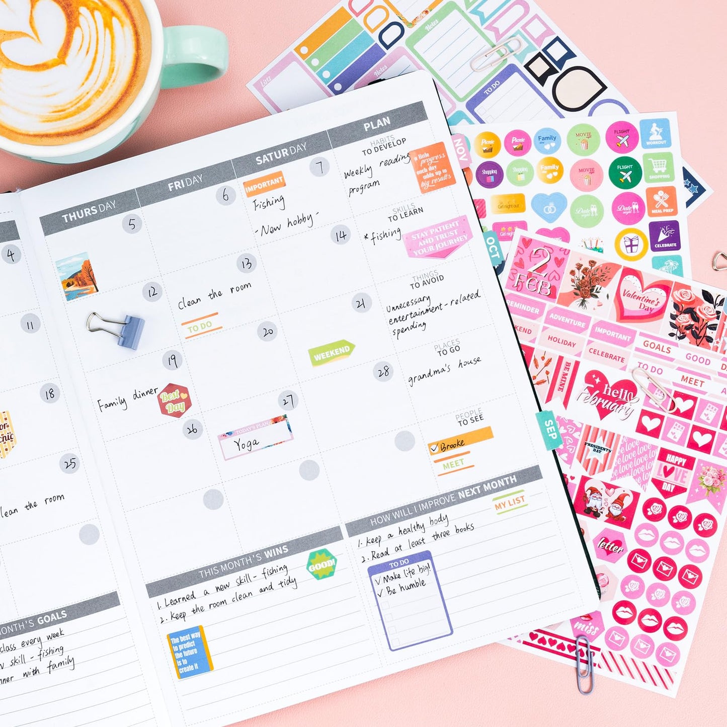 Ospelelf Planner Stickers, 18 Sheets Monthly Calendar Sticker Pack, Inspirational Motivational Quotes Festivals Label Sticker, for Decorating Organizers Scrapbooks Laptops Cups